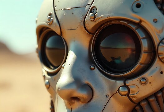 Intricate metallic robot face with large camera lens eyes reflects a desert landscape, embodying futuristic technology and artificial intelligence in a stark environment.