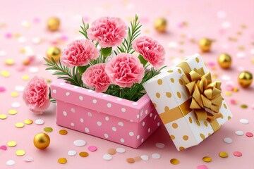 Pink carnations in polka dot gift box with gold accents on confetti background