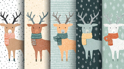 The image displays a collection of five patterned backgrounds featuring deer adorned with scarves, each set against a distinct seasonal backdrop