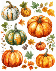 A watercolor of Autumn pumpkins and leaves