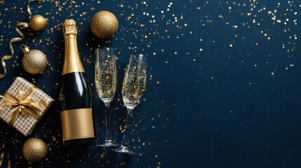 Champagne bottle with two flutes, gift box, and gold confetti for festive celebration