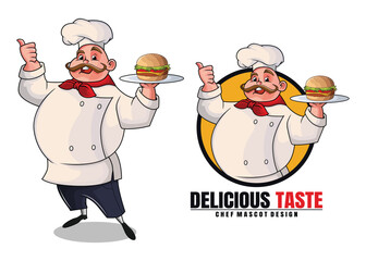 Chef Burger Mascot Icon – Cartoon Cook and Delicious Fast Food Restaurant Character Illustration
