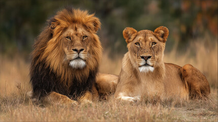 Fototapeta premium Majestic lion and lioness resting together in golden grassland, displaying their regal manes and serene expressions under soft natural light.