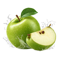 Fresh green apple with water drops on white background