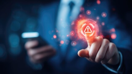 Business and career development concept of a hand interacting with a glowing notification bell icon in a modern tech environment.