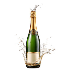 Champagne bottle and glass with cork popping celebration splash bubbles holiday toast party drink