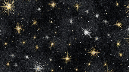 A dense field of glittering shapes fills the scene. Variously sized stars and starbursts radiate with golden and silver light against a backdrop densely packed with tiny, uniform orbs