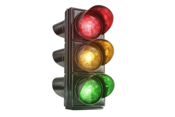A 3D rendered image of a traffic light showing green, yellow, and red lights. background removed