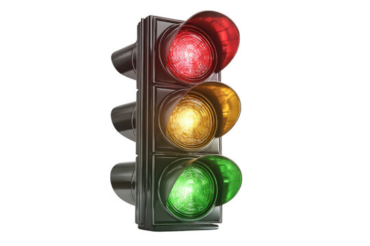 A 3D rendered image of a traffic light showing green, yellow, and red lights. background removed