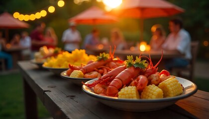 Delightful outdoor backyard feast with vibrant seafood platters and cheerful string lights, perfect for summer gatherings and family celebrations.