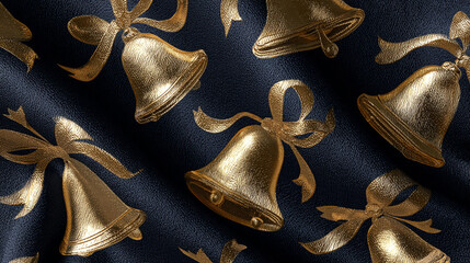 The image depicts a repeating pattern of ornate golden bells on a textured dark surface. Each bell is embellished with a ribbon tied into a bow at the top