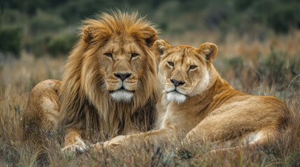 Fototapeta premium Majestic lion and lioness resting together on grassy terrain in natural habitat, showcasing their strength and grace under soft sunlight in a serene setting.