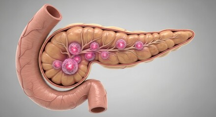 Human pancreas organ connected to duodenum showing internal cancerous tumors and abnormal cellular growths for medical awareness and health education