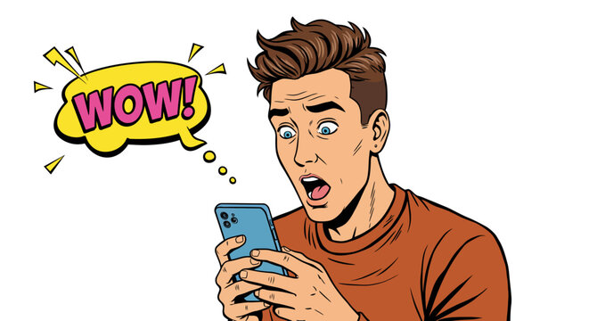 Surprised man with smartphone and wow speech bubble in pop art style