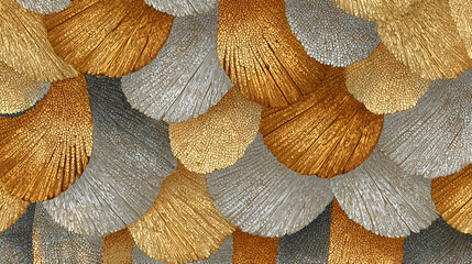 The image shows a close up, overlapping pattern of curved, fan shaped elements. Some of the shapes have a gold tone, while others are colored in shades of silver