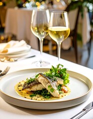 Elegant fish dish served with wine
