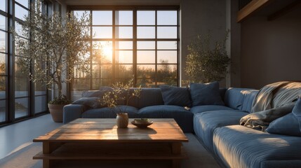 Obraz premium Modern cozy living room interior with sunlight plants neutral furnishings and soft textures photographed editorially to convey lifestyle culture contemporary home decor archit