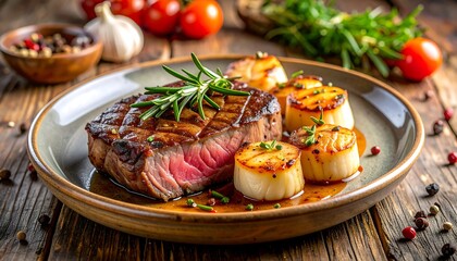 Grilled steak and scallops on plate, rustic wooden table