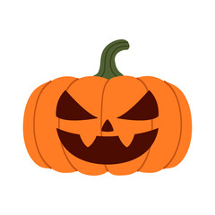 Round pumpkin with creepy carved face, slanted eyes and wide sharp smile. Classic spooky Halloween jack-o’-lantern design. Flat vector fall illustration. Isolated background. Hand-drawn.