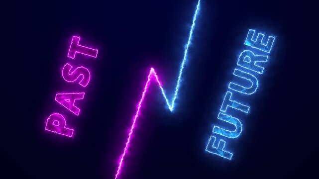 Neon Past And Future Connection With Dynamic Energy Line. Abstract Time Progression, Evolution, And Transition Concept. Futuristic Glowing Path On Dark.past Vs. Future: Dynamic Neon Electric Line Illu