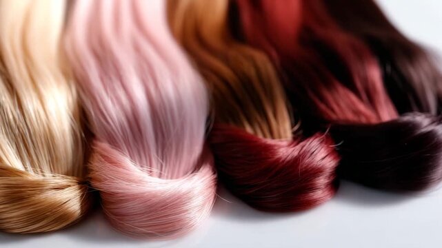 Various shades of synthetic hair extensions arranged on white background
