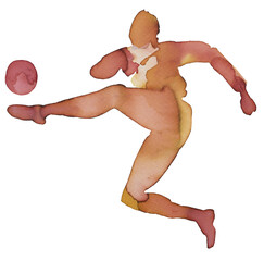 Dynamic figure in motion kicking a ball, showcasing fluidity in watercolor and ink style