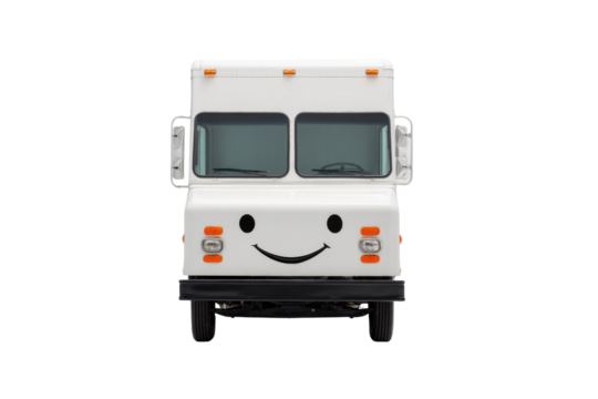 A white delivery truck with a smiling face painted on its front, isolated on a transparent background. background removed
