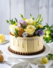 Elegant floral cake on white stand