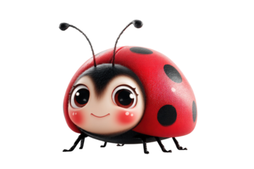 Adorable 3D rendering of a cute ladybug with big eyes and rosy cheeks. background removed