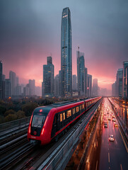 Czerwony pociąg metra pędzi nad mokrą autostradą w nowoczesnym, azjatyckim mieście. Wysokie drapacze chmur na tle czerwono-fioletowego zachodu słońca.