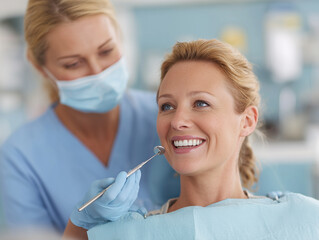 Zadowolona pacjentka uśmiecha się na fotelu dentystycznym podczas badania. W tle dentystka w masce trzyma lusterko stomatologiczne. Białe, zdrowe zęby.