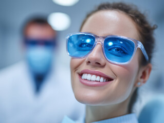 Radosna pacjentka w niebieskich okularach ochronnych i z pięknym uśmiechem na fotelu dentystycznym. W tle rozmyta postać dentysty w masce i okularach.