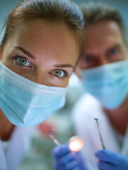 Z perspektywy pacjenta widzimy parę dentystów w maskach i rękawiczkach. Trzymają oni w rękach narzędzia stomatologiczne, przygotowując się do zabiegu.