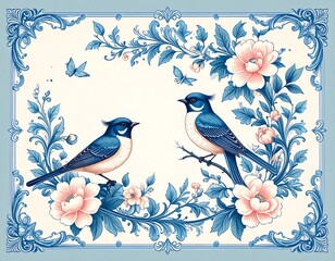 Elegant floral frame with two birds