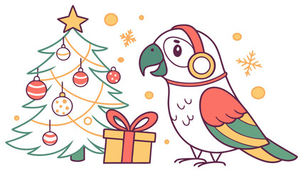Cute SVG of a Dreamy Parrot in Festive Cheer colors, featuring wearing headphones in a Christmas setting