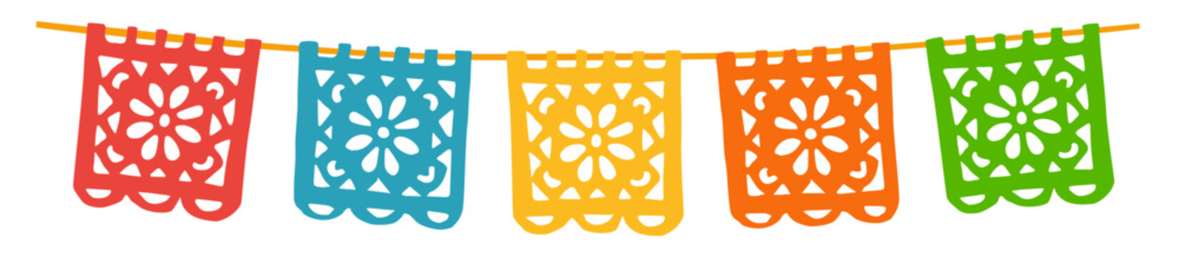 Papel picado banner garland, colorful Mexican fiesta flags. Traditional decor bunting. Cinco de Mayo, Day of the Dead, Dia de Muertos, fiestas, party celebrations. Flat vector illustration isolated.