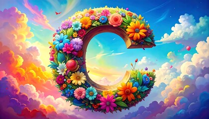 Colorful floral letter 'C' in a vibrant sky
