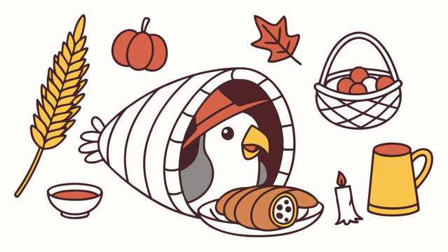Funny Parrot with snuggled in a sock, set in a charming Thanksgiving theme – Grateful Harvest color vector art