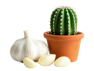 Potted cactus paired with garlic bulbs for rustic charm in home interiors