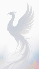 An illustration in monochrome gray tones of a silhouette of a fantastic bird in the fog with outstretched wings and a long feathered tail. Vector graphics. EPS.