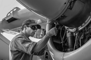 Aircraft technician performing maintenance on engine components