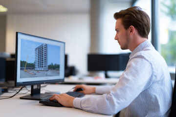 Architect reviewing building design on computer screen in office