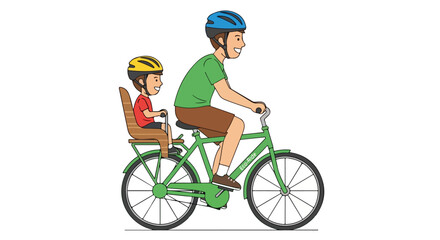 Father and child enjoying a bike ride together wearing helmets for safety.