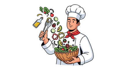 Chef Tossing Salad Ingredients with Enthusiasm and Skill.