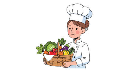 Chef holding a basket full of fresh vegetables and fruits.