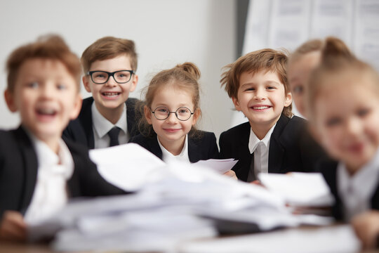 Group of kids in suits smiling around a pile of papers