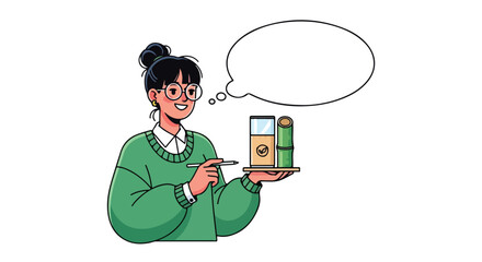 Woman holding products with a thought bubble, smiling and presenting.