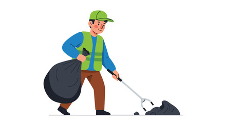 Man in green vest picking up trash with a grabber tool.