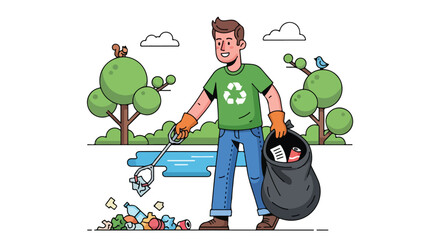 Man Cleaning Up Litter in Park.