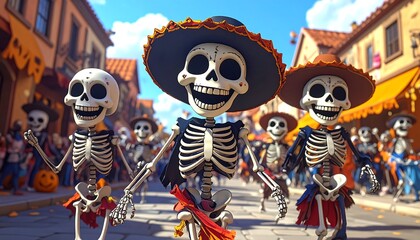 Animated style illustration showing a lively skeleton parade with a cheerful town backdrop